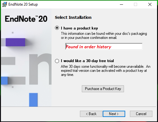 what does an endnote product key look like